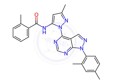 Chemical structure of N-[2-[1-(2,4-dimethylphenyl)pyrazolo[3,4-d]pyrimidin-4-yl]-5-methylpyrazol-3-yl]-2-methylbenzamide