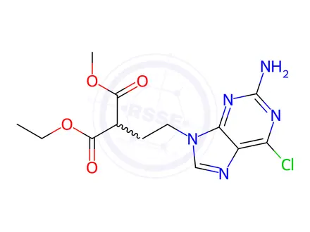 Chemical structure of 1-ethyl 3-methyl 2-(2-(2-amino-6-chloro-9H-purin-9-yl)ethyl)malonate