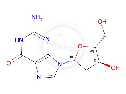 Chemical structure of 2-Amino-9-((2S,4R,5R)-4-hydroxy-5-(hydroxymethyl)tetrahydrofuran-2-yl)-1H-purin-6(9H)-one