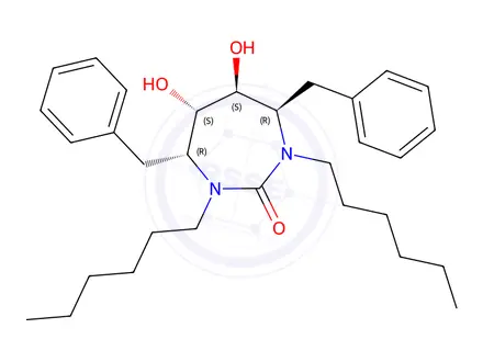 Chemical structure of (4R,5S,6S,7R)-4,7-dibenzyl-1,3-dihexyl-5,6-dihydroxy-1,3-diazepan-2-on e