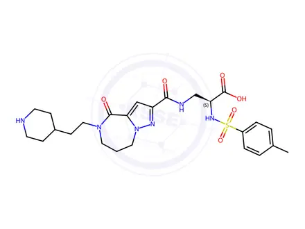 Chemical structure of (2S)-2-[(4-methylphenyl)sulfonylamino]-3-[[4-oxo-5-(2-piperidin-4-ylethyl)-7,8-dihydro-6H-pyrazolo[1,5-a][1,4]diazepine-2-carbonyl]amino]propanoicacid