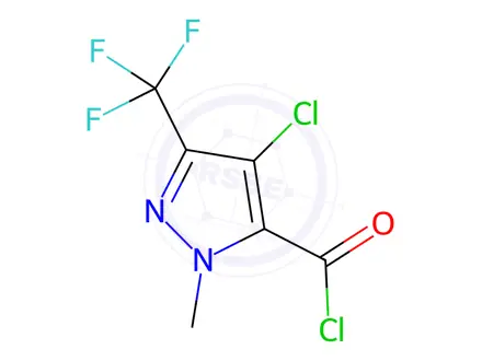 Chemical structure of 4-Chloro-1-methyl-3-(trifluoromethyl)-1H-pyrazole-5-carbonyl chloride