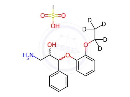 Chemical structure of (2RS,3RS)-1-Amino-3-(2-ethoxy-d5-phenoxy)-2-hydroxy-3-phenylpropane Methanesulfonate Salt