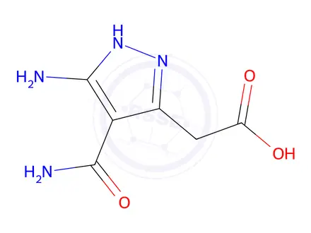 Chemical structure of 5-amino-4-(aminocarbonyl)-1H-pyrazole-3-acetic acid
