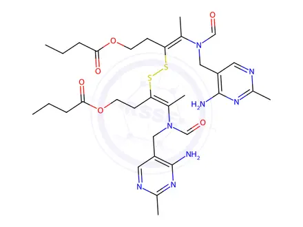 Chemical structure of Disulfanediylbis(4-(N-((4-amino-2-methylpyrimidin-5-yl)methyl)formamido)pent-3-ene-3,1-diyl) dibutyrate