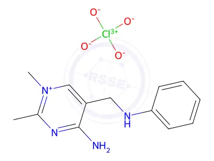 Chemical structure of 4-Amino-1,2-dimethyl-5-((phenylamino)methyl)pyrimidin-1-ium perchlorate