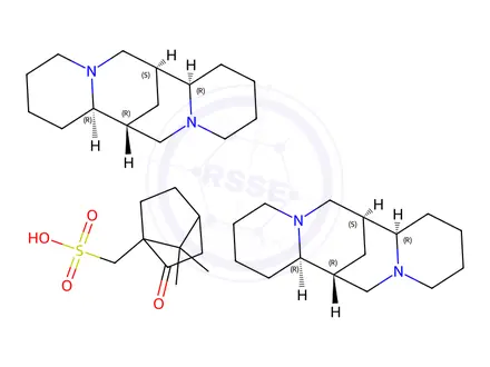 Chemical structure of Bicyclo[2.2.1]heptane-1-methanesulfonic acid, 7,7-dimethyl-2-oxo-, (±)-, compd. with [7S-(7alpha,7aalpha,14alpha,14abeta)]-dodecahydro-7,14-methano-2H,6H-dipyrido[1,2-a:1',2'-e][1,5]diazocine (1:2)