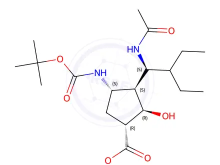 Chemical structure of (1R,2R,3S,4S)-Methyl 3-((S)-1-acetamido-2-ethylbutyl)-4-((tert-butoxycarbonyl)amino)-2-hydroxycyclopentanecarboxylate(relative)