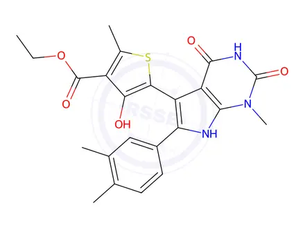 Chemical structure of 5-[6-(3,4-Dimethylphenyl)-2,3,4,7-tetrahydro-1-methyl-2,4-dioxo-1H-pyrrolo[2,3-d]pyrimidin-5-yl]-4-hydroxy-2-methyl-3-thiophenecarboxylic Acid, Ethyl Ester