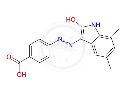Chemical structure of Benzoic acid, 4-[2-(1,2-dihydro-5,7-dimethyl-2-oxo-3H-indol-3-ylidene)hydrazinyl]-