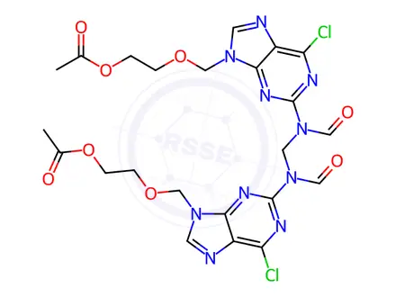 Chemical structure of Bis [Acetyl 2-[(2-Formamide-1,6-dihydro-6-chloro-9H-purin-9yl)methoxy]ethyl Ester]