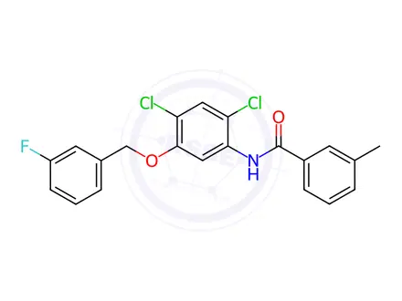 Chemical structure of N-{2,4-dichloro-5-[(3-fluorophenyl)methoxy]phenyl}-3-methylbenzamide