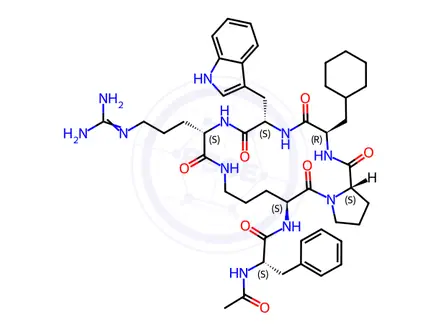 Chemical structure of (S)-N-((3R,6S,9S,15S,20aS)-6-((1H-Indol-3-yl)methyl)-3-(cyclohexylmethyl)-9-(3-guanidinopropyl)-1,4,7,10,16-pentaoxoicosahydropyrrolo[1,2-a][1,4,7,10,13]pentaazacyclooctadecin-15-yl)-2-acetamido-3-phenylpropanamide