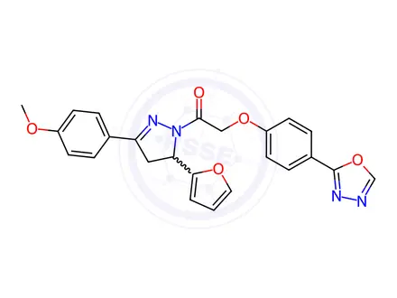 Chemical structure of 1-[5-(furan-2-yl)-3-(4-methoxyphenyl)-4,5-dihydro-1H-pyrazol-1-yl]-2-[4-(1,3,4-oxadiazol-2-yl)phenox y]ethan-1-one
