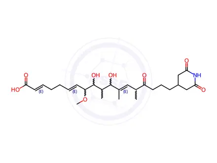 Chemical structure of 2,6,12-Octadecatrienoic acid, 18-(2,6-dioxo-4-piperidinyl)-9,11-dihydroxy-8-methoxy-10,12,14-trimethyl-15-oxo-, (2E,6E,8S,9S,10R,11R,12E,14S)-
