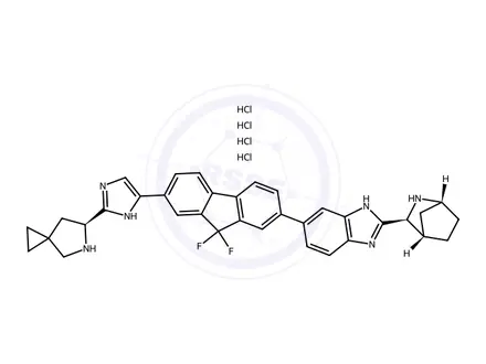 Chemical structure of (6S)-6-[5-[7-[2-(1R,3S,4S)-2-Azabicyclo[2.2.1]hept-3-yl-1H-benzimidazol-6-yl]-9,9-difluoro-9H-fluoren-2-yl]-1H-imidazol-2-yl]-5-azaspiro[2.4]heptane hydrochloride (1:4)