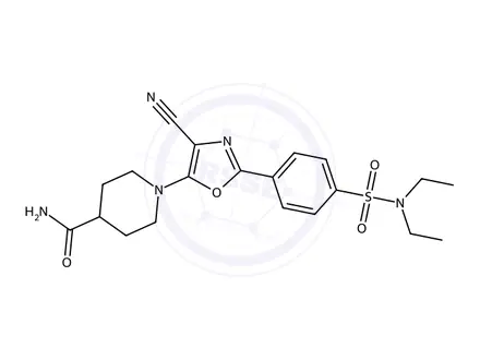 Chemical structure of 1-(4-Cyano-2-(4-(N,N-diethylsulfamoyl)phenyl)oxazol-5-yl)piperidine-4-carboxamide