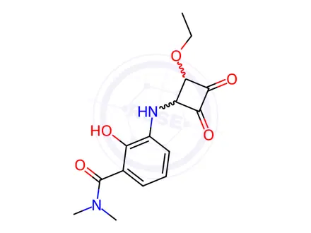 Chemical structure of Benzamide, 3-[(2-ethoxy-3,4-dioxocyclobutyl)amino]-2-hydroxy-N,N-dimethyl-