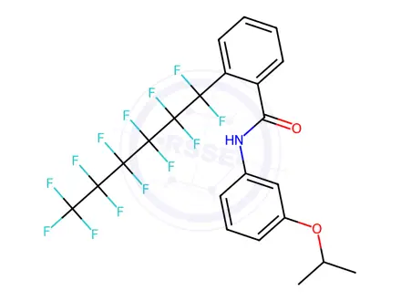 Chemical structure of N-(3-isopropoxyphenyl)-2-(1,1,2,2,3,3,4,4,5,5,6,6,6-tridecafluorohexyl)benzamide