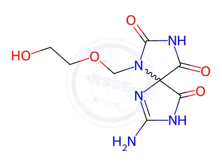 Chemical structure of 1-[(2-hydroxyethoxy)methyl]-7-imino-1,3,6,8-tetraazaspiro[4.4]nonane-2,4,9-trione
