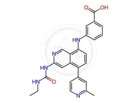 Chemical structure of 3-((3-(3-ethylureido)-5-(2-methylpyridin-4-yl)isoquinolin-8-yl)amino)benzoic acid