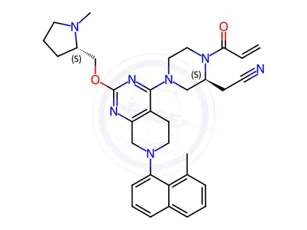 Chemical structure of 2-((S)-1-acryloyl-4-(7-(8-methylnaphthalen-1-yl)-2-(((S)-1-methylpyrrolidin-2-yl)methoxy)-5,6,7,8-tetrahydropyrido[3,4-d]pyrimidin-4-yl)piperazin-2-yl)acetonitrile (BSC)