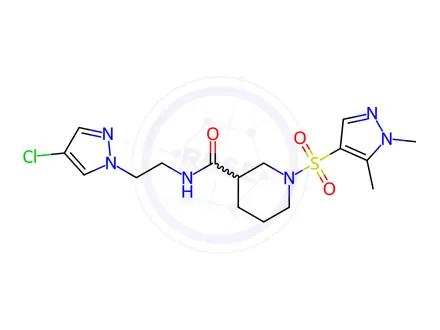 Chemical structure of N-[2-(4-chloropyrazol-1-yl)ethyl]-1-(1,5-dimethylpyrazol-4-yl)sulfonylpiperidine-3-carboxamide