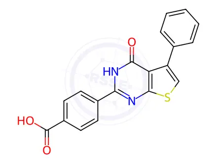 Chemical structure of 4-(4-oxo-5-phenyl-3,4-dihydrothieno[2,3-d]pyrimidin-2-yl)benzoic acid