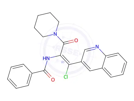 Chemical structure of (Z)-N-(1-Chloro-3-oxo-3-(piperidin-1-yl)-1-(quinolin-3-yl)prop-1-en-2-yl)benzamide