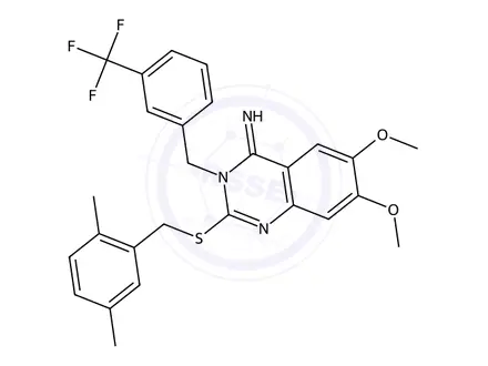 Chemical structure of 2-((2,5-Dimethylbenzyl)thio)-6,7-dimethoxy-3-(3-(trifluoromethyl)benzyl)quinazolin-4(3H)-imine