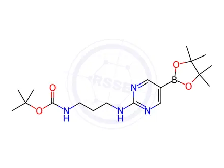 Chemical structure of Carbamic acid, N-[3-[[5-(4,4,5,5-tetramethyl-1,3,2-dioxaborolan-2-yl)-2-pyrimidinyl]amino]propyl]-, 1,1-dimethylethyl ester