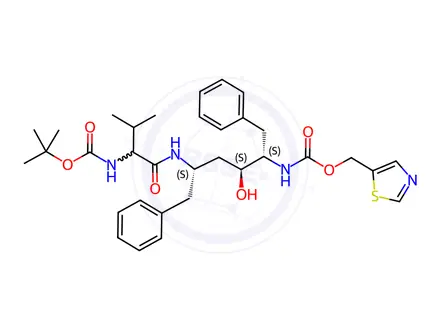 Chemical structure of Thiazol-5-ylmethyl ((2S,3S,5S)-5-((S)-2-((tert-butoxycarbonyl)amino)-3-methylbutanamido)-3-hydroxy-1,6-diphenylhexan-2-yl)carbamate