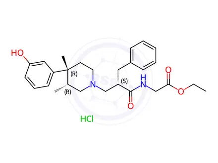 Chemical structure of Ethyl ((S)-2-benzyl-3-((3R,4R)-4-(3-hydroxyphenyl)-3,4-dimethylpiperidin-1-yl)propanoyl)glycinate hydrochloride