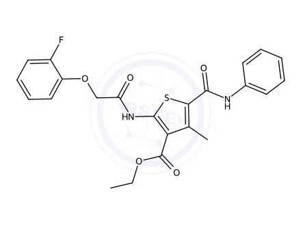 Chemical structure of Ethyl 2-(2-(2-fluorophenoxy)acetamido)-4-methyl-5-(phenylcarbamoyl)thiophene-3-carboxylate