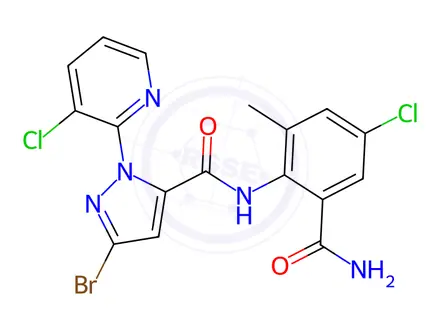 Chemical structure of 3-Bromo-N-(2-carbamoyl-4-chloro-6-methylphenyl)-1-(3-chloropyridin-2-yl)-1H-pyrazole-5-carboxamide