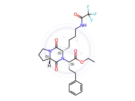 Chemical structure of ethyl (S)-2-((3S,8aS)-1,4-dioxo-3-(4-(2,2,2-trifluoroacetamido)butyl)hexahydropyrrolo[1,2-a]pyrazin-2(1H)-yl)-4-phenylbutanoate
