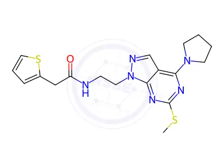 Chemical structure of N-(2-(6-(Methylthio)-4-(pyrrolidin-1-yl)-1H-pyrazolo[3,4-d]pyrimidin-1-yl)ethyl)-2-(thiophen-2-yl)acetamide