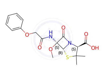 Chemical structure of 4-Thia-1-azabicyclo3.2.0heptane-2-carboxylic acid, 6-methoxy-3,3-dimethyl-7-oxo-6-(phenoxyacetyl)amino-, (2S,5R,6S)-