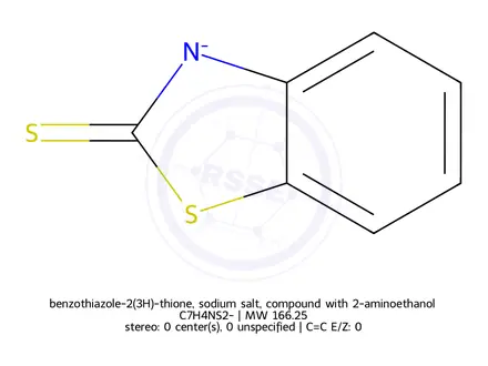 Chemical structure of benzothiazole-2(3H)-thione, sodium salt, compound with 2-aminoethanol