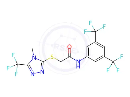 Chemical structure of N-(3,5-bis(trifluoromethyl)phenyl)-2-((4-methyl-5-(trifluoromethyl)-4H-1,2,4-triazol-3-yl)thio)acetamide