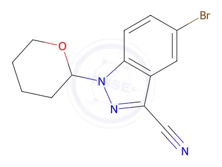 Chemical structure of 5-Bromo-1-(tetrahydro-2H-pyran-2-yl)-1H-indazole-3-carbonitrile