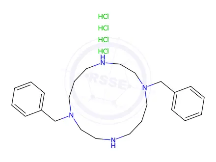 Chemical structure of 1,8-dibenzyl-1,4,8,11-tetraazacyclotetradecane tetrahydrochloride