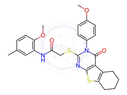 Chemical structure of N-(2-Methoxy-5-methylphenyl)-2-((3-(4-methoxyphenyl)-4-oxo-3,4,5,6,7,8-hexahydrobenzo[4,5]thieno[2,3-d]pyrimidin-2-yl)thio)acetamide
