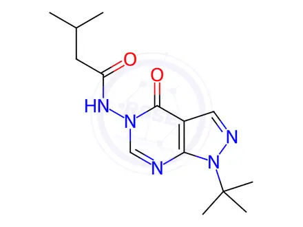 Chemical structure of N-(1-tert-butyl-4-oxopyrazolo[3,4-d]pyrimidin-5-yl)-3-methylbutanamide