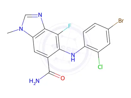 Chemical structure of 5-((4-bromo-2-chlorophenyl)amino)-4-fluoro-1-methyl-1H-benzo[d]imidazole-6-carboxamide