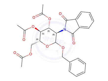 Chemical structure of (2R,3S,4R,5R)-2-(acetoxymethyl)-6-(benzyloxy)-5-(1,3-dioxoisoindolin-2-yl)tetrahydro-2H-pyran-3,4-diyl diacetate