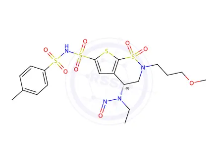 Chemical structure of (R)-4-(ethyl(nitroso)amino)-2-(3-methoxypropyl)-N-tosyl-3,4-dihydro-2H-thieno[3,2-e][1,2]thiazine-6-sulfonamide 1,1-dioxide