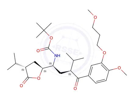 Chemical structure of tert-Butyl ((1S,3S)-1-((2S,4S)-4-isopropyl-5-oxotetrahydrofuran-2-yl)-3-(4-methoxy-3-(3-methoxypropoxy)benzoyl)-4-methylpentyl)carbamate