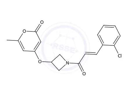 Chemical structure of (E)-4-((1-(3-(2-Chlorophenyl)acryloyl)azetidin-3-yl)oxy)-6-methyl-2H-pyran-2-one
