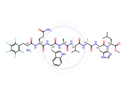 Chemical structure of Methyl ((R)-2-amino-3-(perfluorophenyl)propanoyl)-L-glutaminyl-L-tryptophyl-L-alanyl-L-valyl-D-alanyl-L-histidyl-L-leucinate